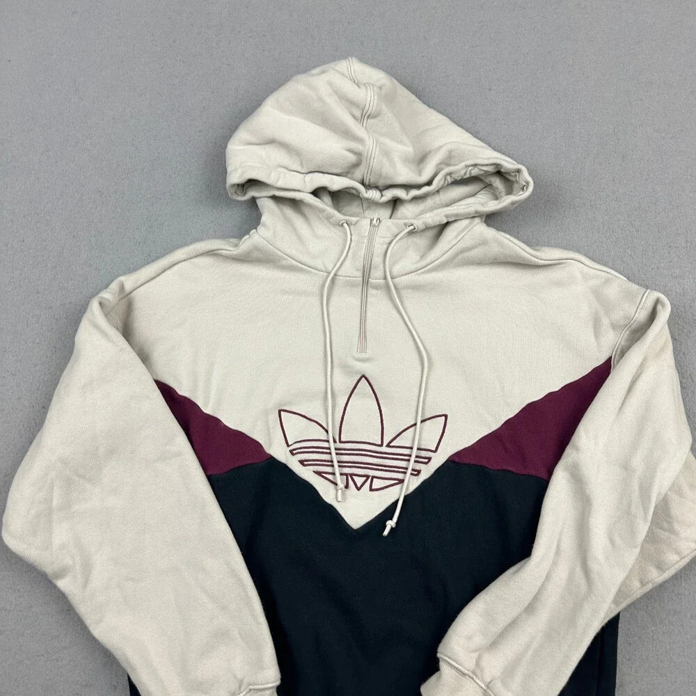 Adidas Hoodie Women XS Beige Colorado Blue 1/4 Pullover Sweatshirt Trefoil